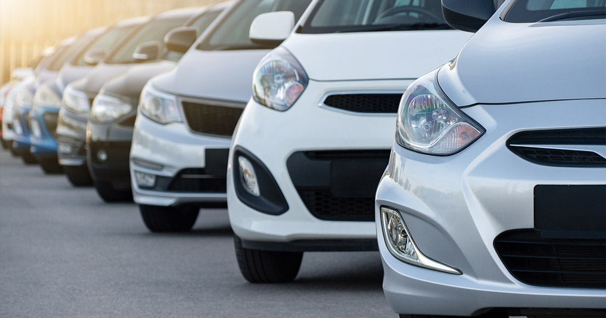 White compact cars lined up in a row at a dealership, showcasing new vehicles with shiny headlights and modern design