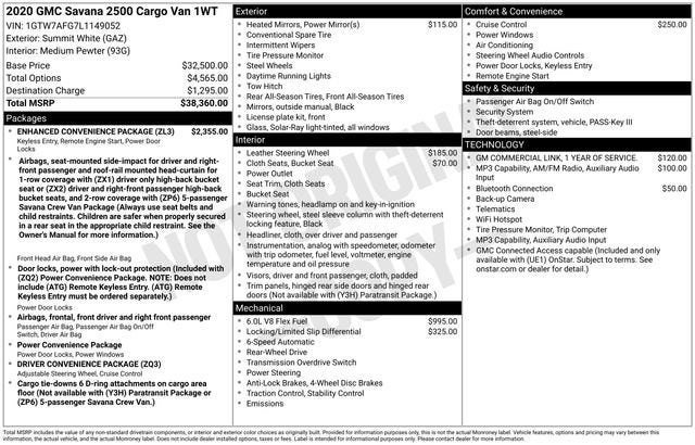 2020 GMC Savana Cargo 2500 RWD 2500 Regular Wheelbase Work Van