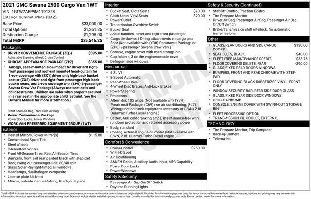 2021 GMC Savana Cargo 2500 RWD 2500 Regular Wheelbase Work Van